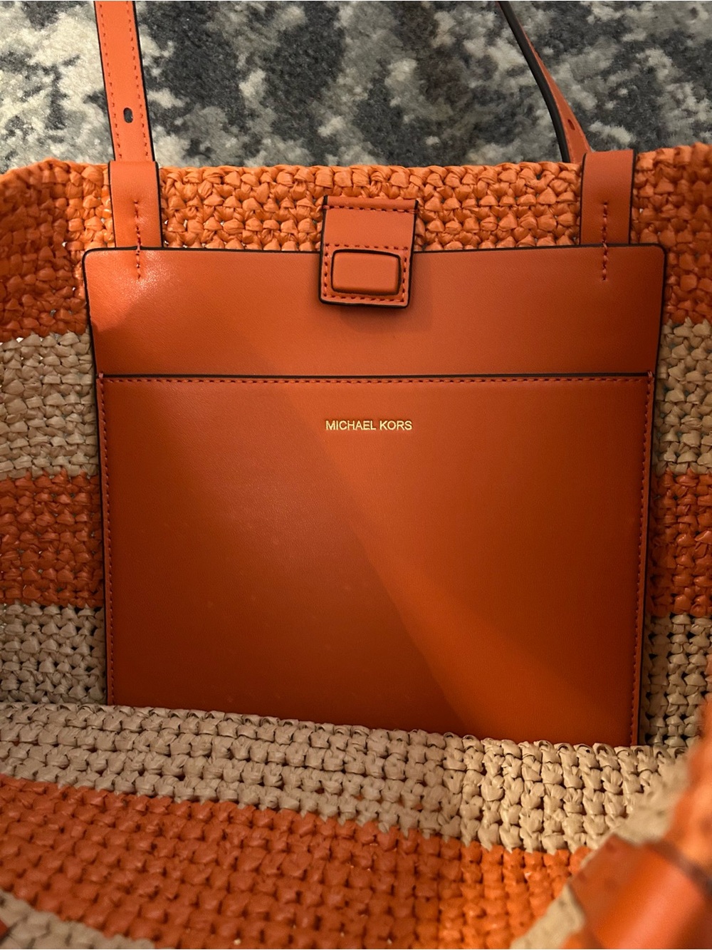 Michael Kors Orange and Cream Striped Straw Tote with Leather Straps - Picture 3 of 4